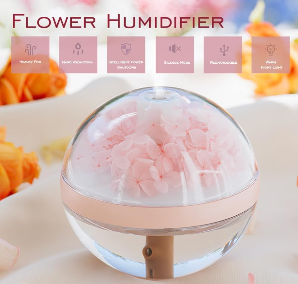 Preserved Flower Portable Humidifier,270ml Capacity,Rechargeable Essential Oil Diffuser with Night Light and Waterless Auto Shut-Off,for Office Room Bedroom Livingroom