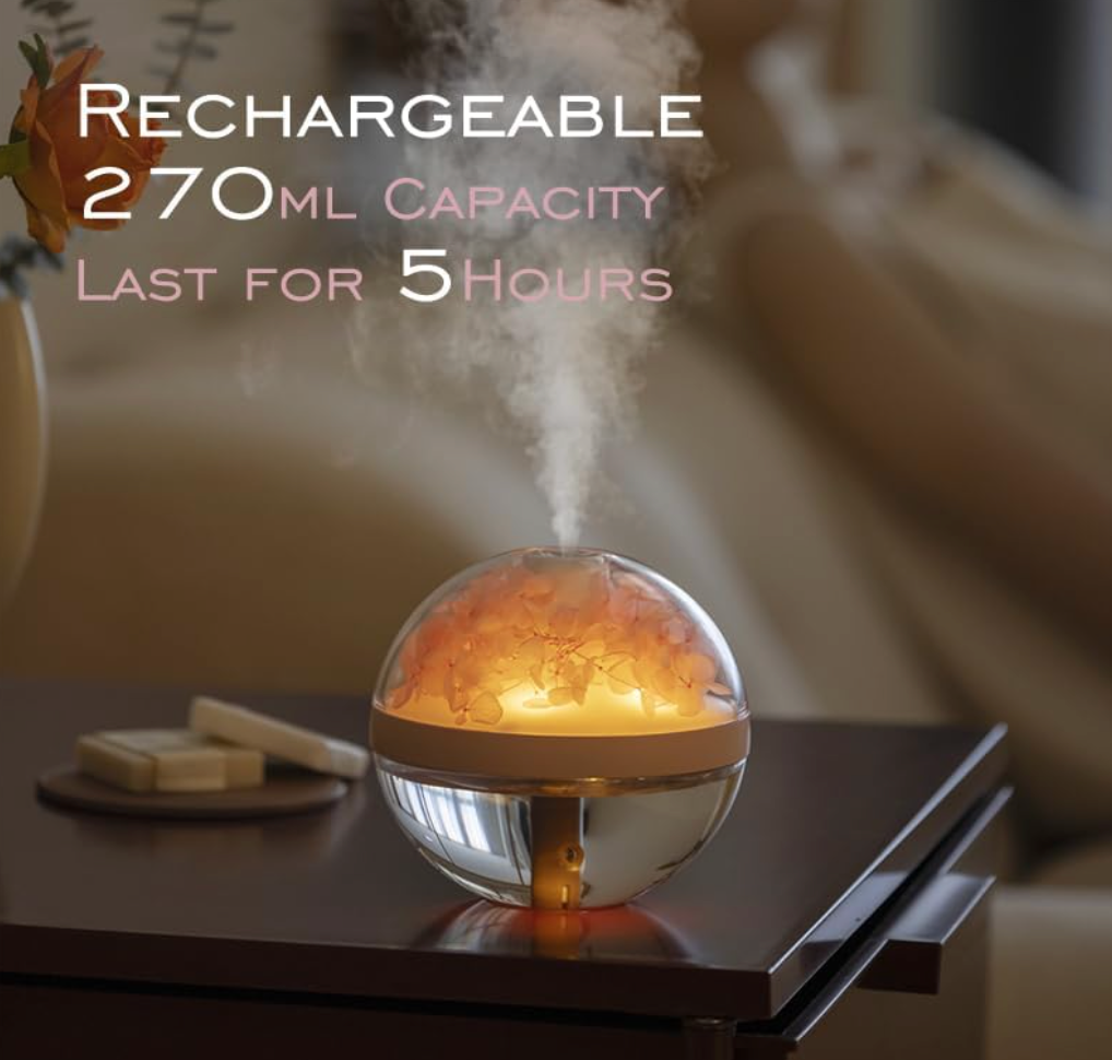 Preserved Flower Portable Humidifier,270ml Capacity,Rechargeable Essential Oil Diffuser with Night Light and Waterless Auto Shut-Off,for Office Room Bedroom Livingroom