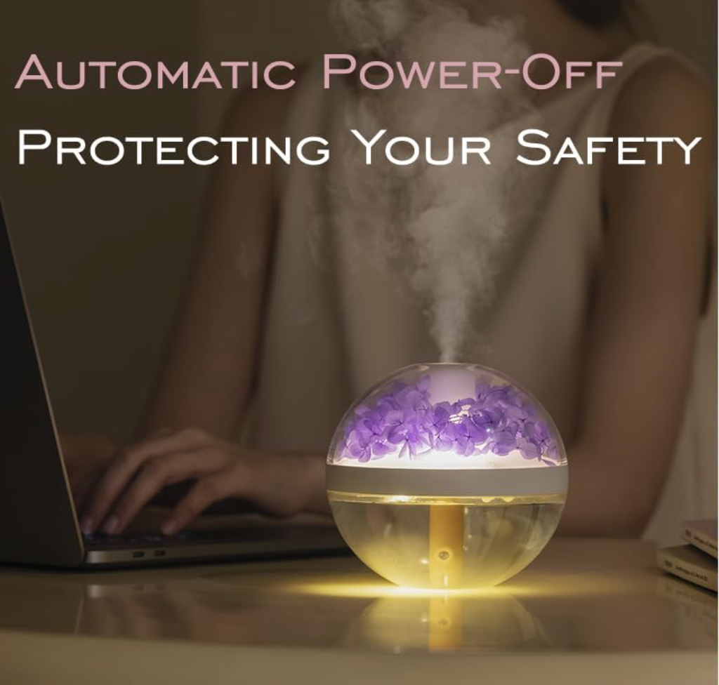 Preserved Flower Portable Humidifier,270ml Capacity,Rechargeable Essential Oil Diffuser with Night Light and Waterless Auto Shut-Off,for Office Room Bedroom Livingroom