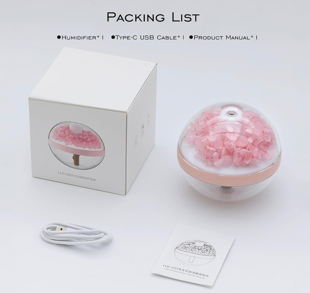 Preserved Flower Portable Humidifier,270ml Capacity,Rechargeable Essential Oil Diffuser with Night Light and Waterless Auto Shut-Off,for Office Room Bedroom Livingroom