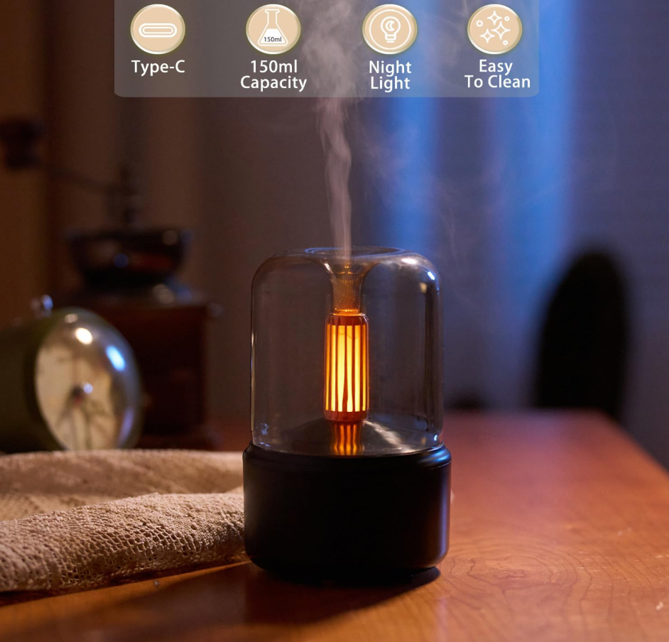 Essential Oil Diffuser, 150ml Aromatherapy Diffuser with Auto Shut-Off Function, Ultrasonic Diffusers for Essential Oils, Cool Mist Humidifier with Warm Lights, for Home & Office