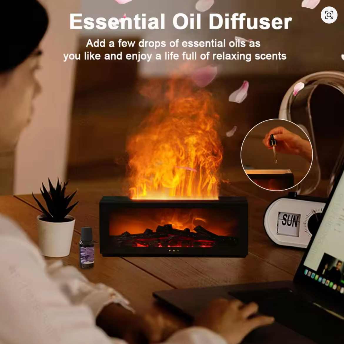 Fireplace Flame Air Diffuser Humidifier,7 Colors Aromatherapy Essential Oil Diffuser,Ultrasonic Aroma Humidifier with Timer for Home,Bedroom,Office,Yoga
