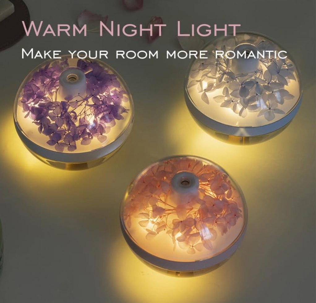 Preserved Flower Portable Humidifier,270ml Capacity,Rechargeable Essential Oil Diffuser with Night Light and Waterless Auto Shut-Off,for Office Room Bedroom Livingroom